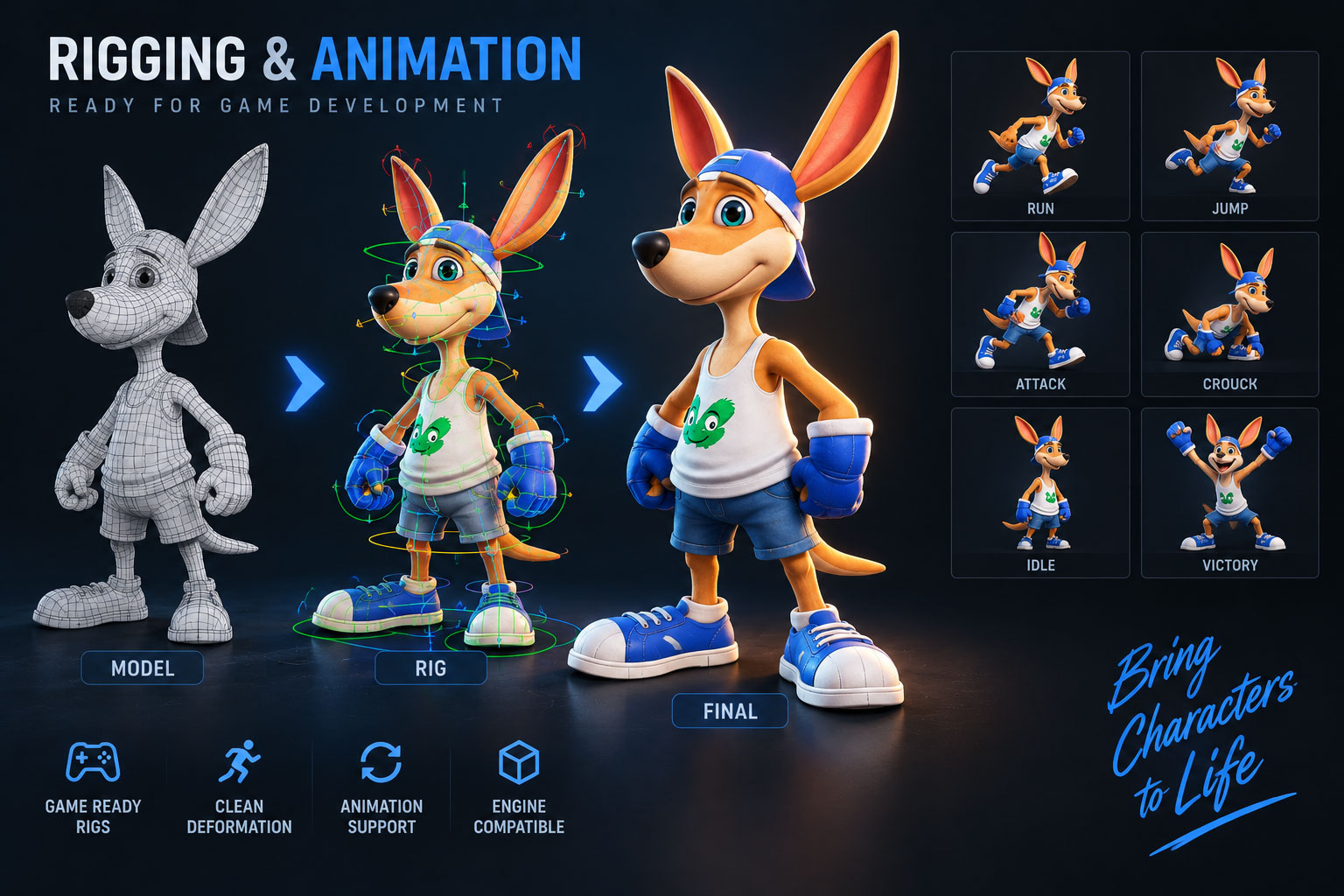 3D character rigging and animation support by Archer Art Studio