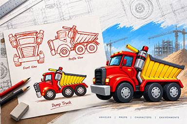 2D and Concept Art showing vehicle sketches and final dump truck design
