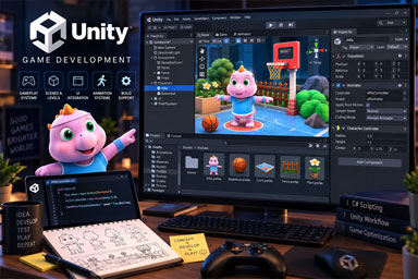 Unity game development scene and interactive 3D game environment