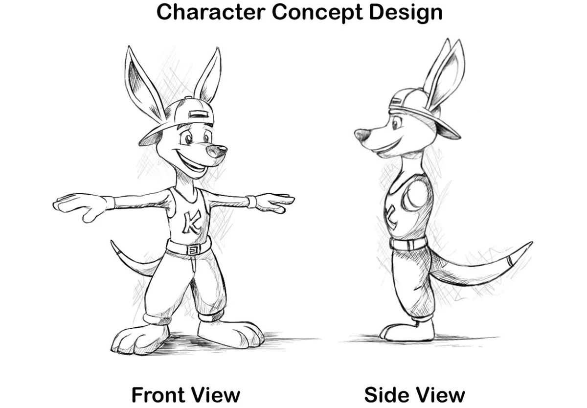 Kangaroo Khaos character concept front and side sketches