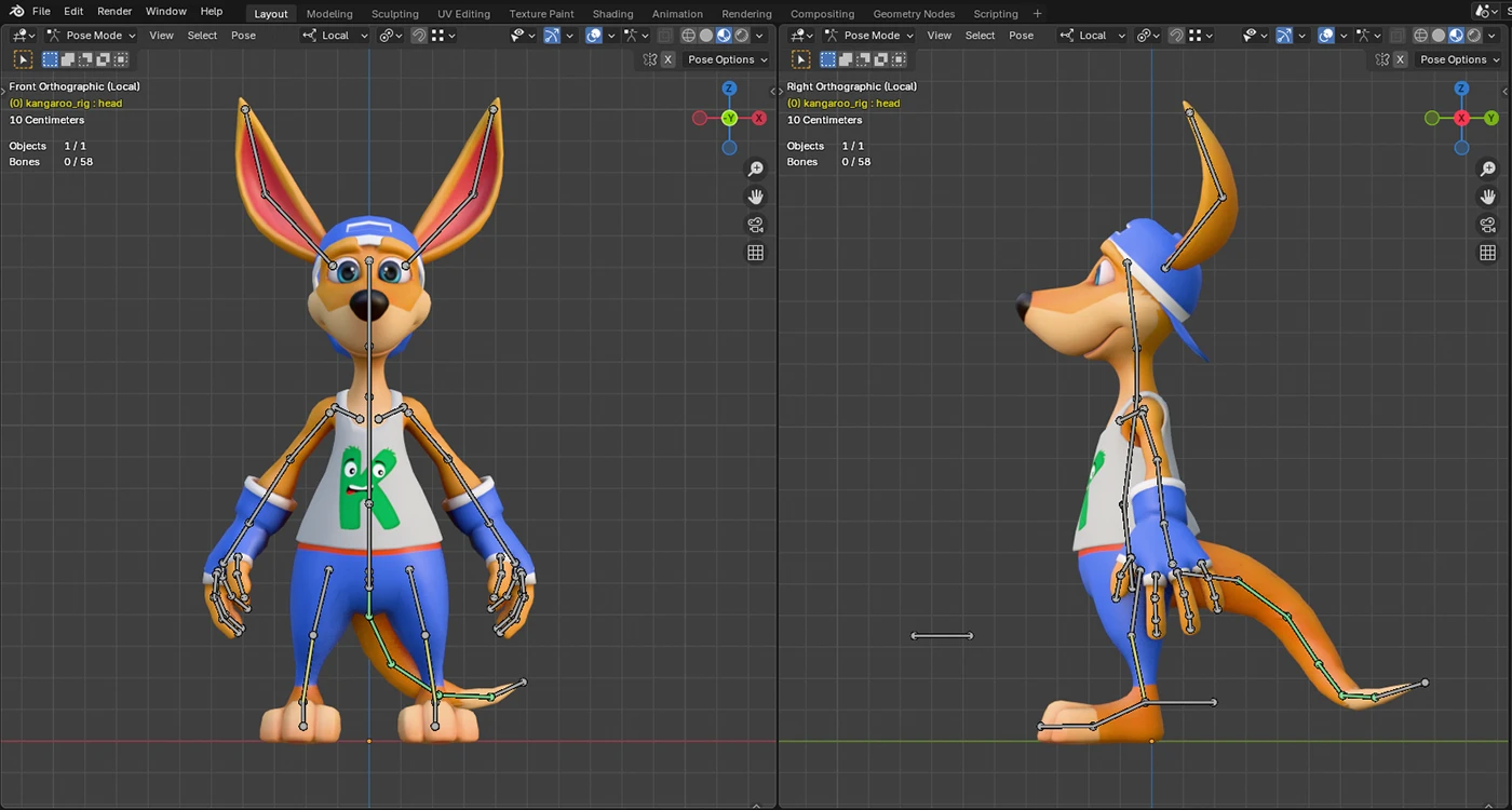 Kangaroo Khaos character rig in Blender from front and side views